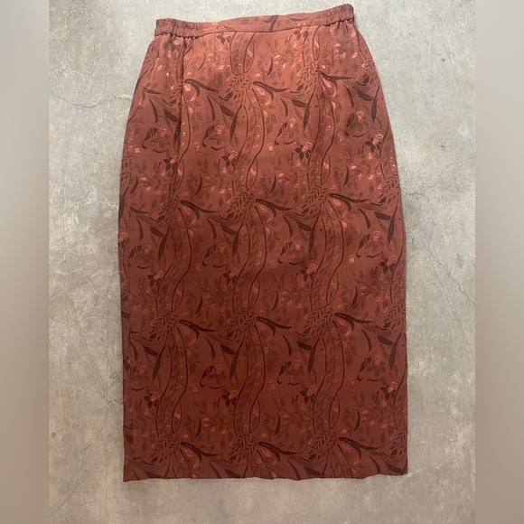 Vintage Rust Brown Floral Embossed Midi Skirt Pull On 16 Romantic Feminine 90s - Picture 1 of 9